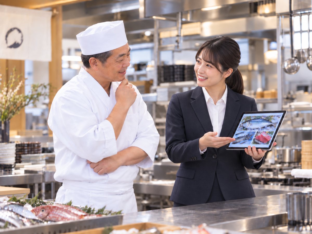 タブレットで魚を提案する営業スタッフと料理長
